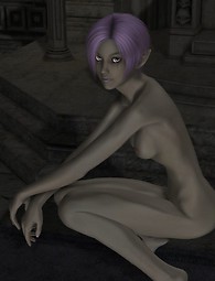Slender 3D Babe mit kurzen lila Haare will Sex und zieht sich aus.